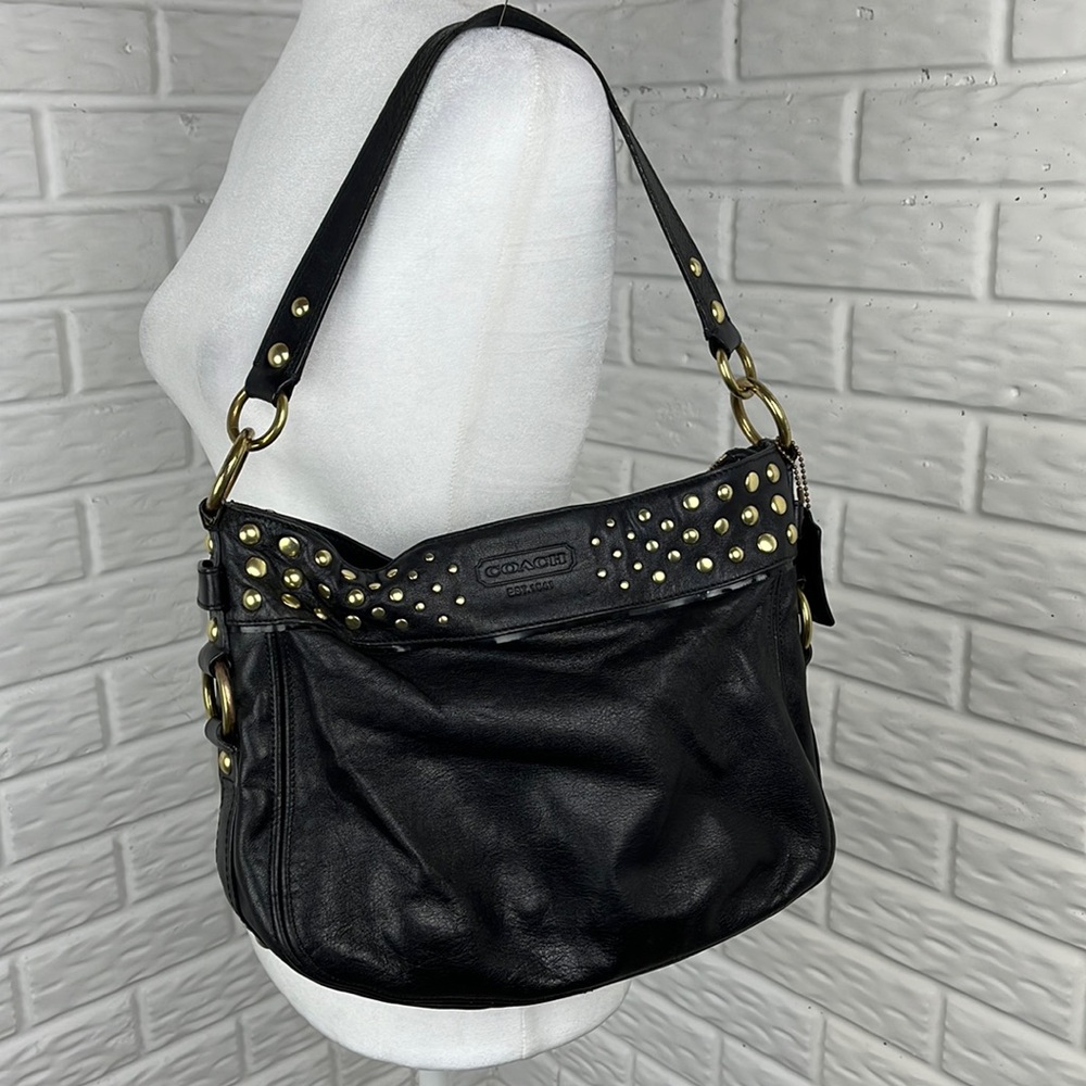 COACH BLACK LEATHER BRASS HARDWARE AND DOTS SHOULDER BAG